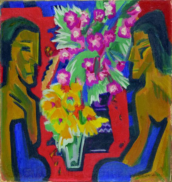 Ernst Ludwig Kirchner Stilleben mit zwei Holzfiguren und Blumen